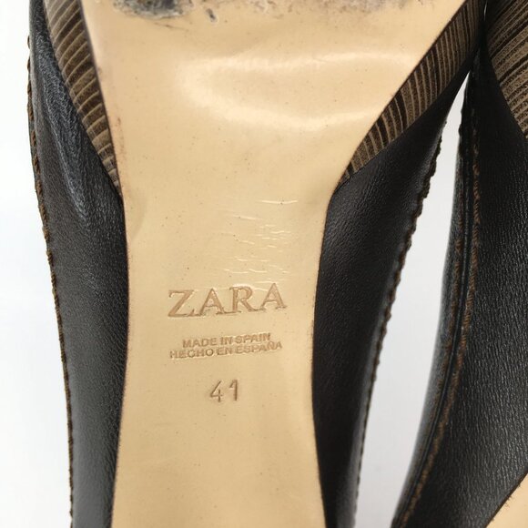 Zara Brown Leather Peep Toe Front Buckle Heels Size 41 - Picture 14 of 16